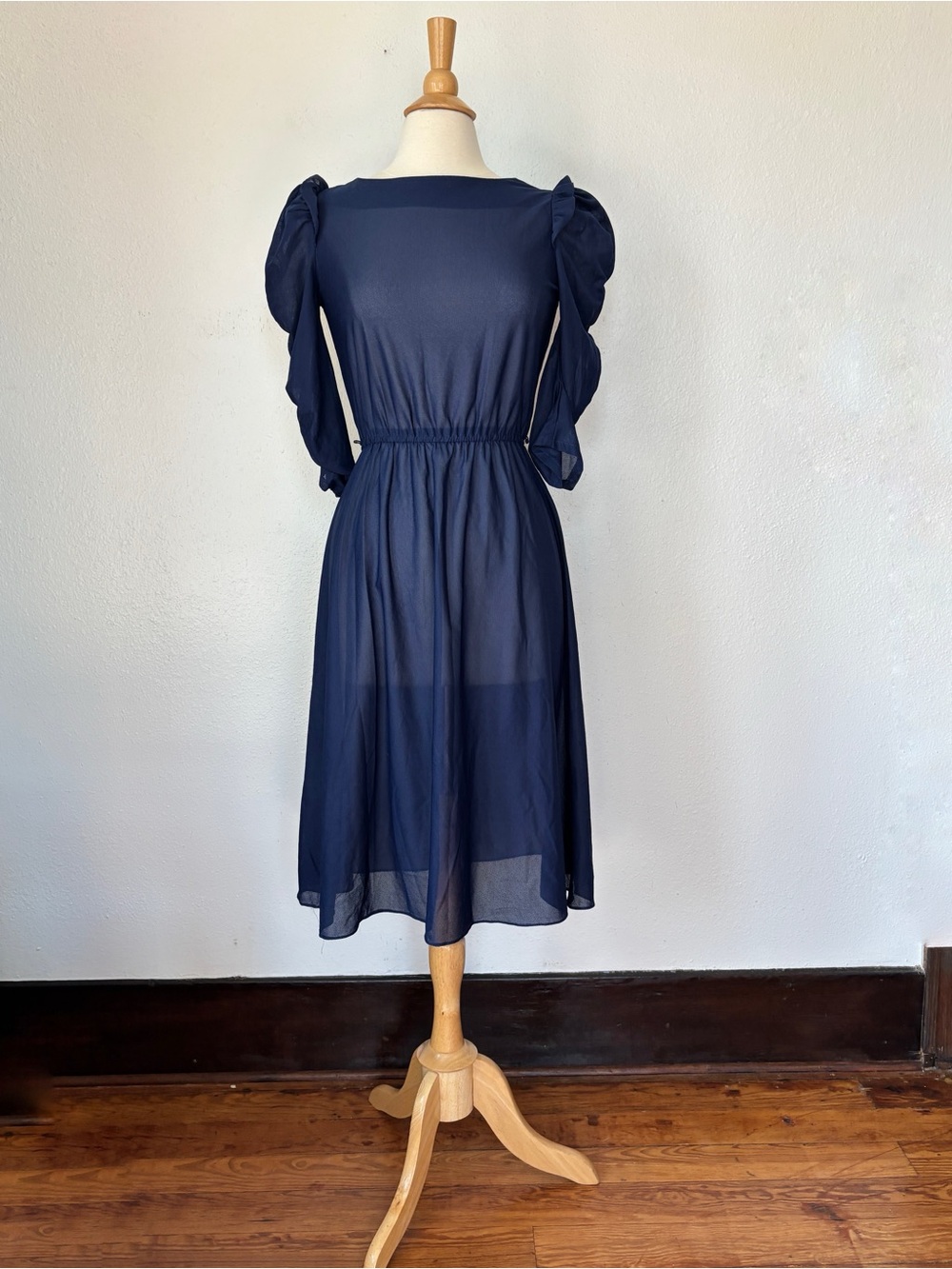 Vintage 1980s Navy Blue Chiffon Puff Sleeve Midi Dress